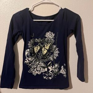 Navy Long Sleeve Y2K Fitted Graphic Top